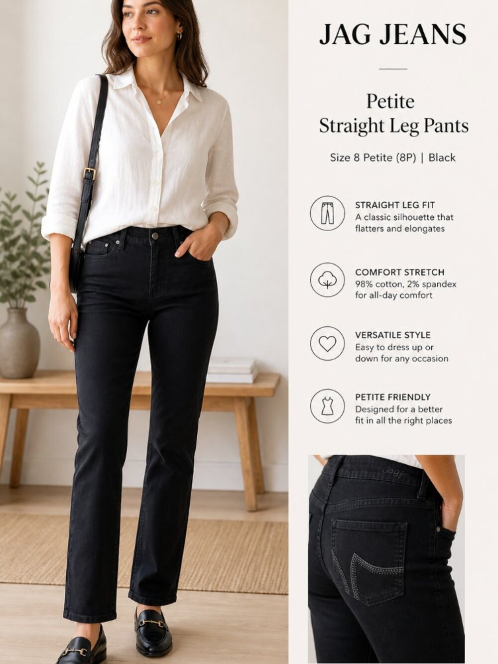 JAG Jeans Petite Black Straight Leg Pants Size 8P Stretch Cotton Sleek Minimal